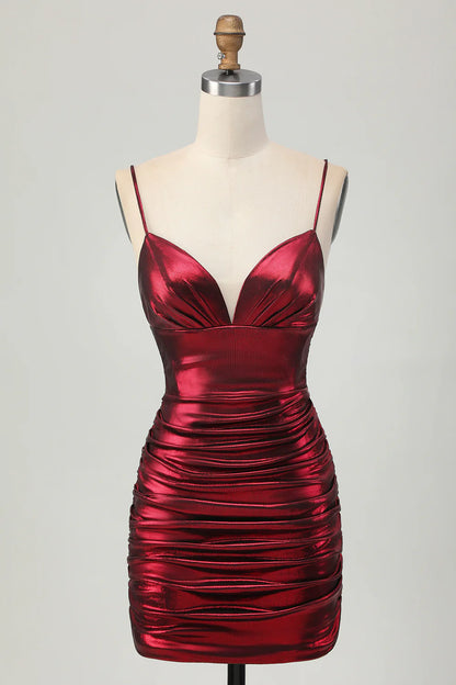 Metallic Burgundy Spaghetti Straps Satin Ruched Short Homecoming Dress