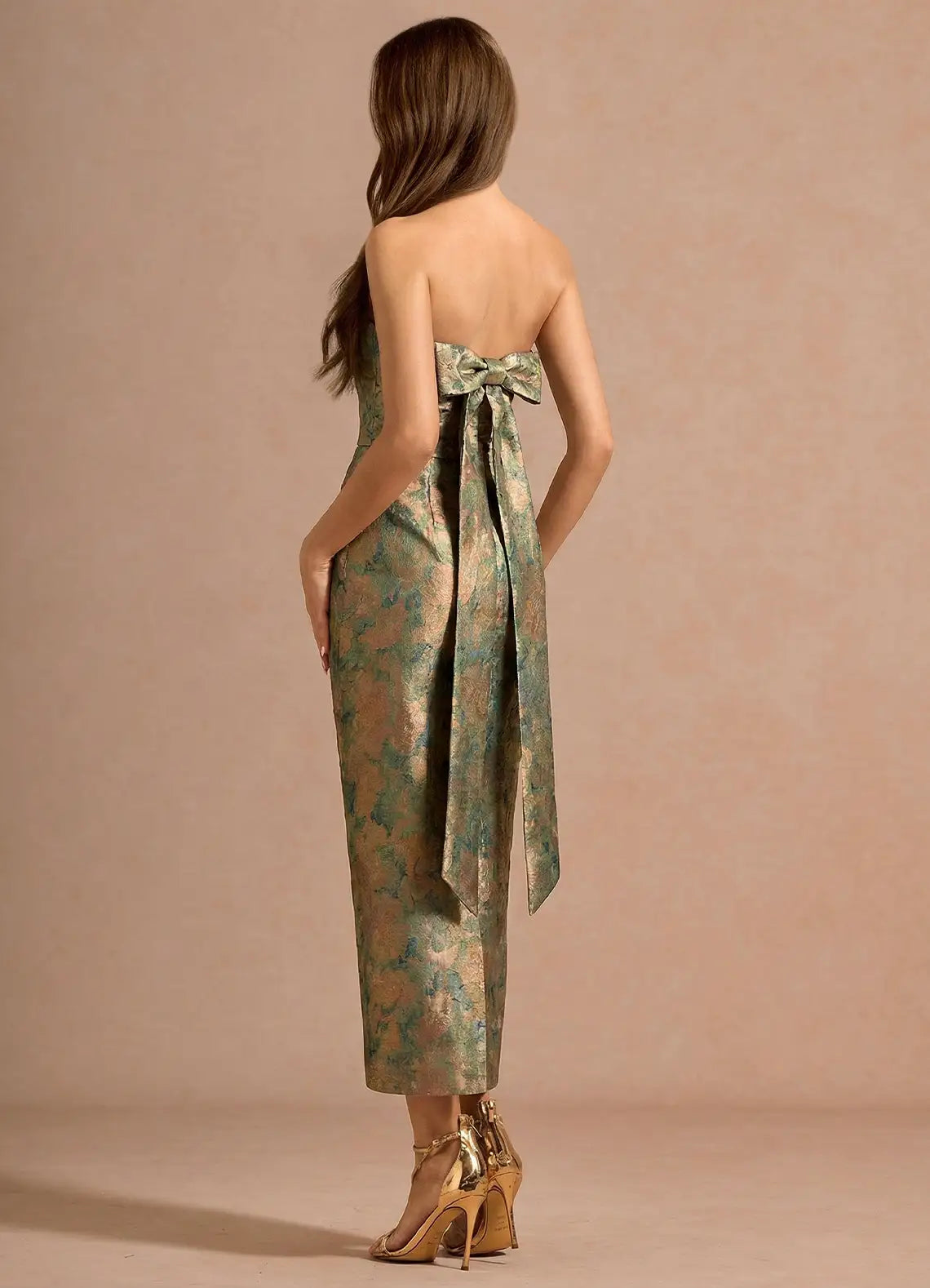 Metallic Jacquard Strapless Midi Evening Dresses