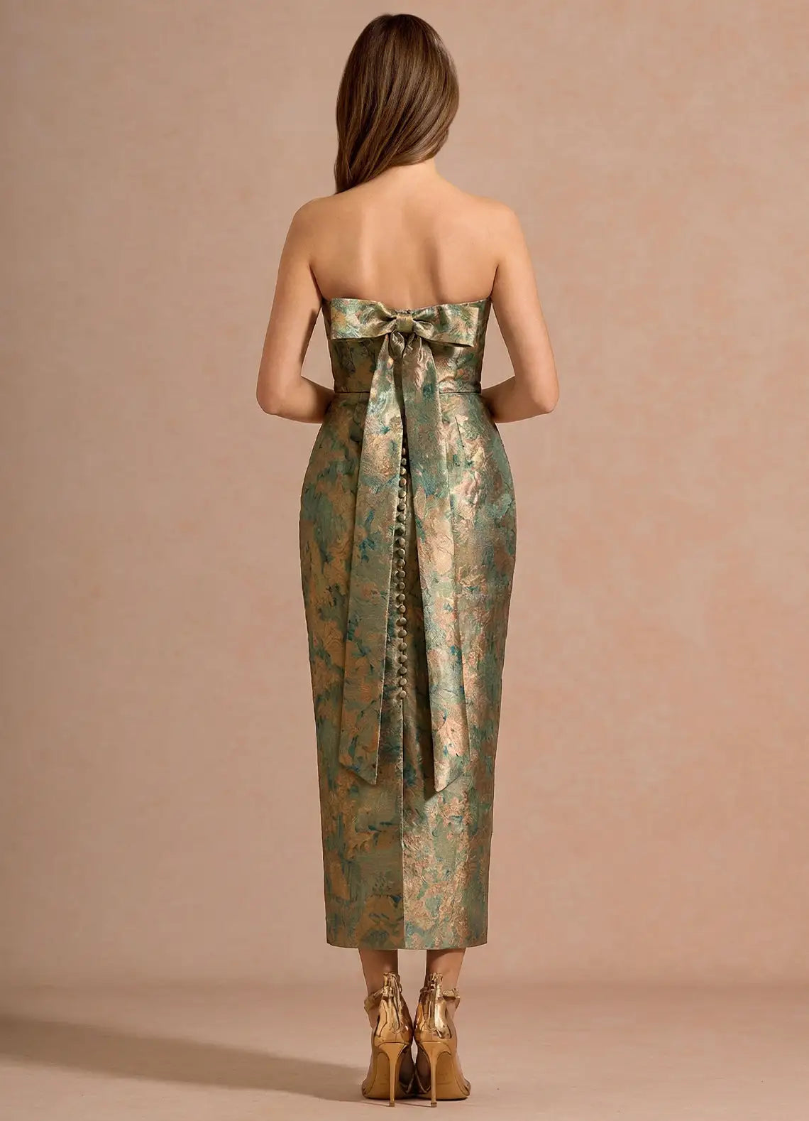 Metallic Jacquard Strapless Midi Evening Dresses