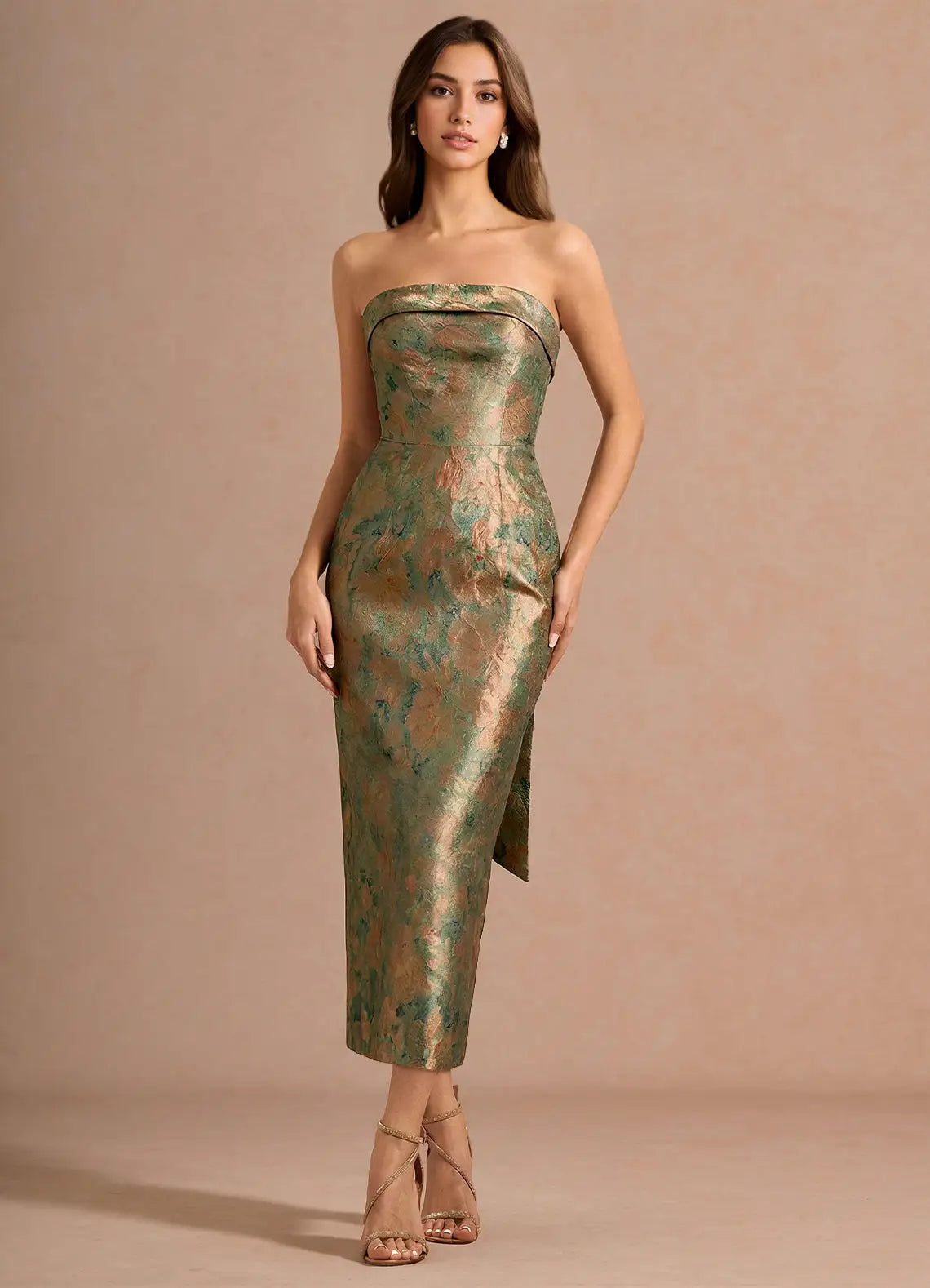 Metallic Jacquard Strapless Midi Evening Dresses