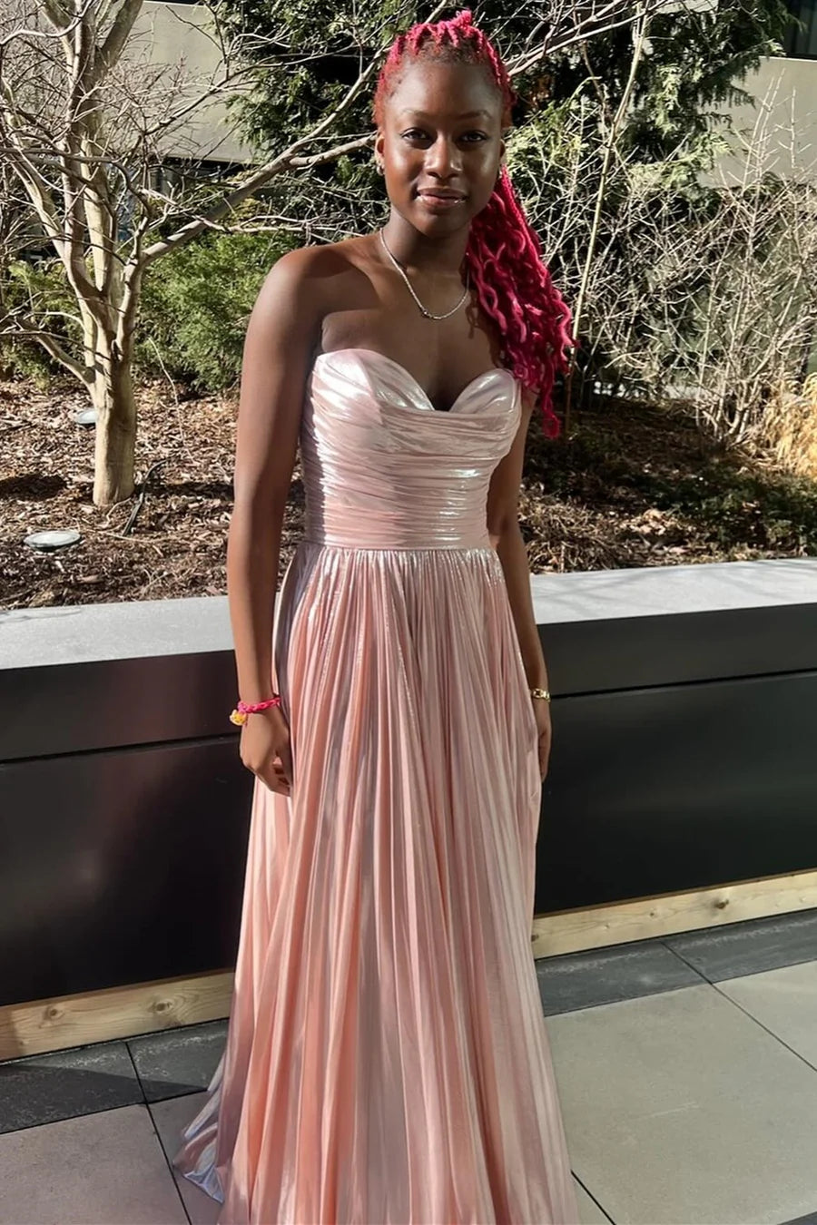 Metal sleeveless strapless pleated dress