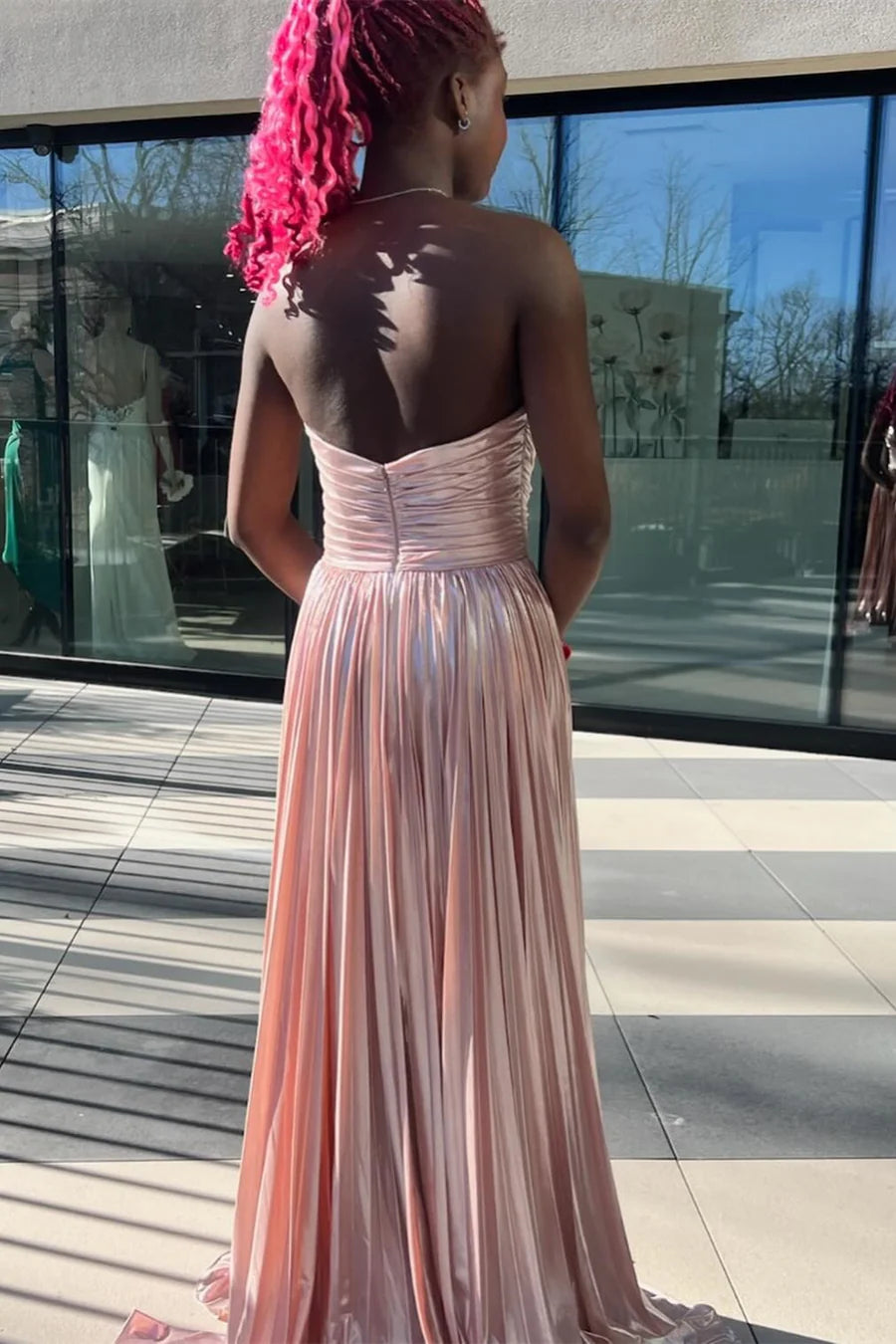 Metal sleeveless strapless pleated dress