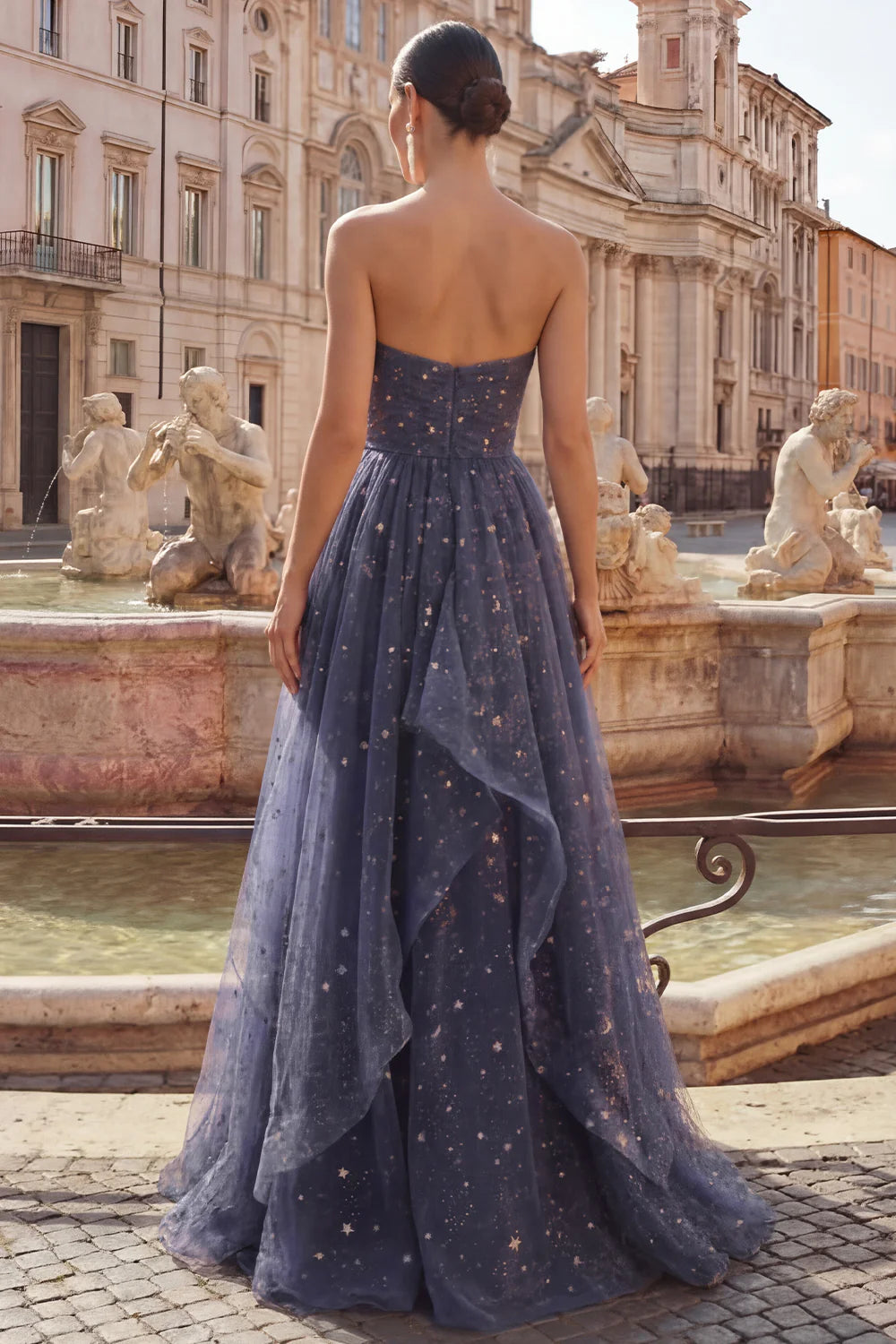 Midnight Blue Starry Tulle Strapless A-Line Evening Dresses with Bow