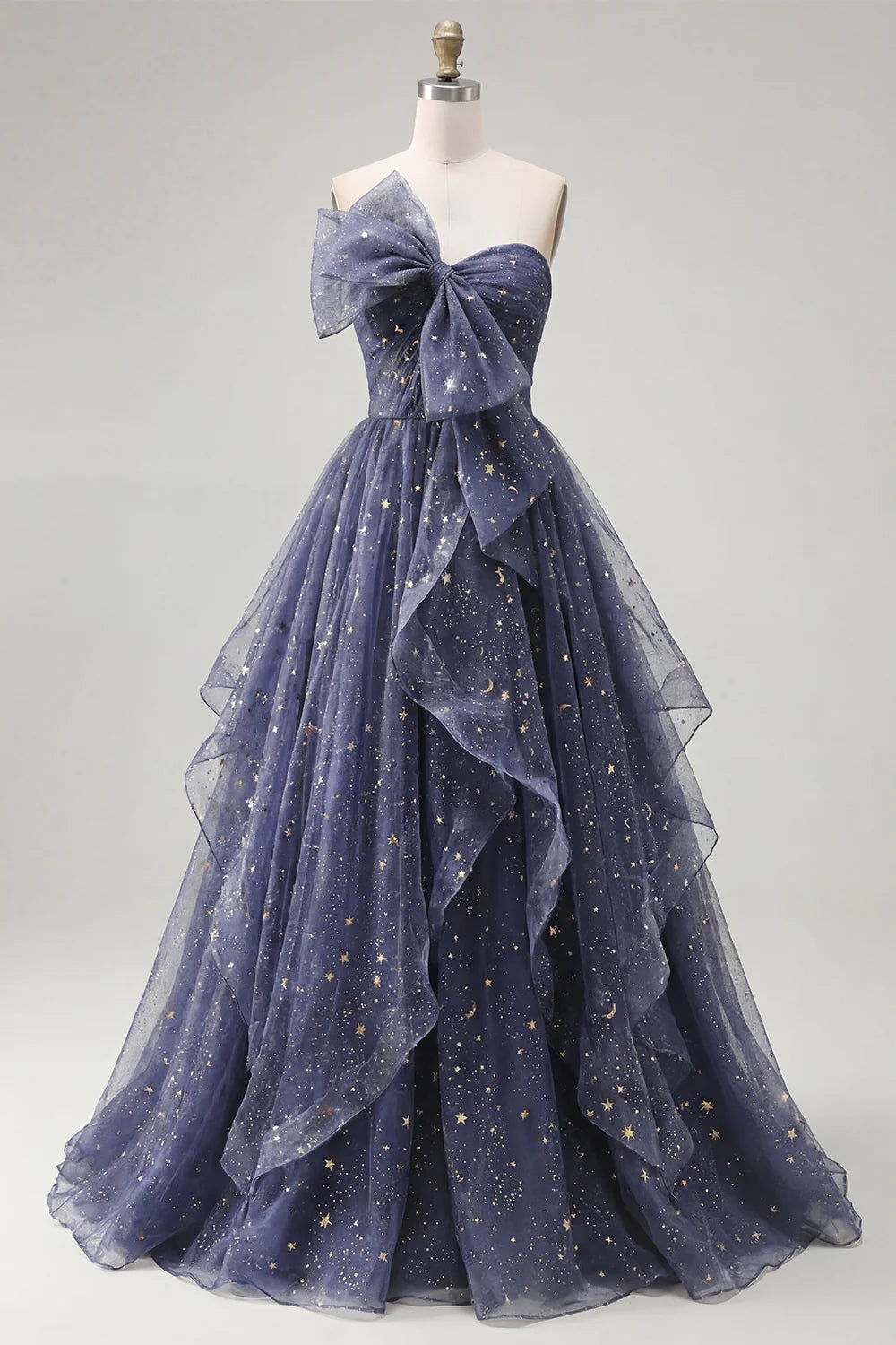 Midnight Blue Starry Tulle Strapless A-Line Evening Dresses with Bow