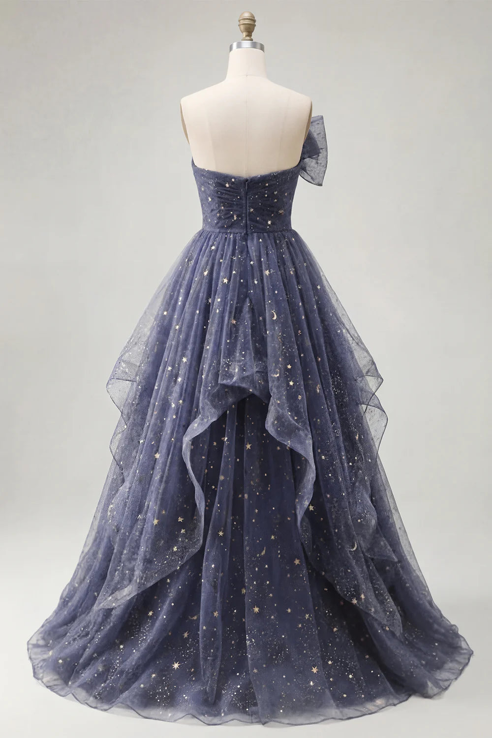 Midnight Blue Starry Tulle Strapless A-Line Evening Dresses with Bow