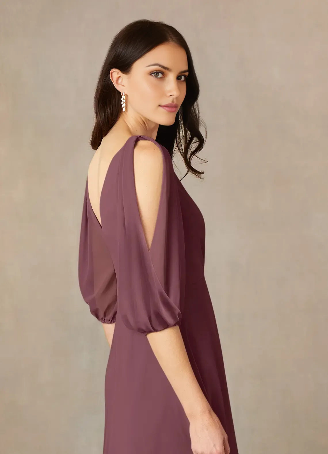 Minimalist A-Line V-Neck ruched Puff Sleeve V back Back Zip Floor-Length Mother of the Bride Dress for sale