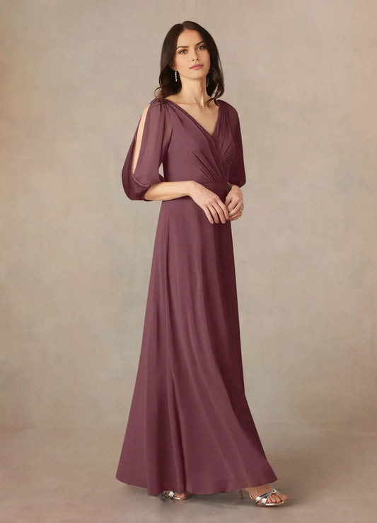 Minimalist A-Line V-Neck ruched Puff Sleeve V back Back Zip Floor-Length Mother of the Bride Dress for sale