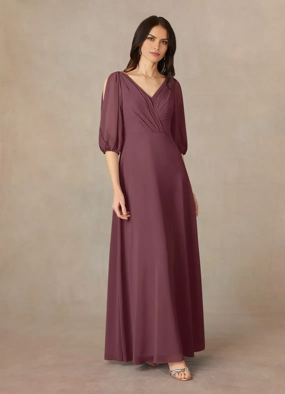 Minimalist A-Line V-Neck ruched Puff Sleeve V back Back Zip Floor-Length Mother of the Bride Dress for sale