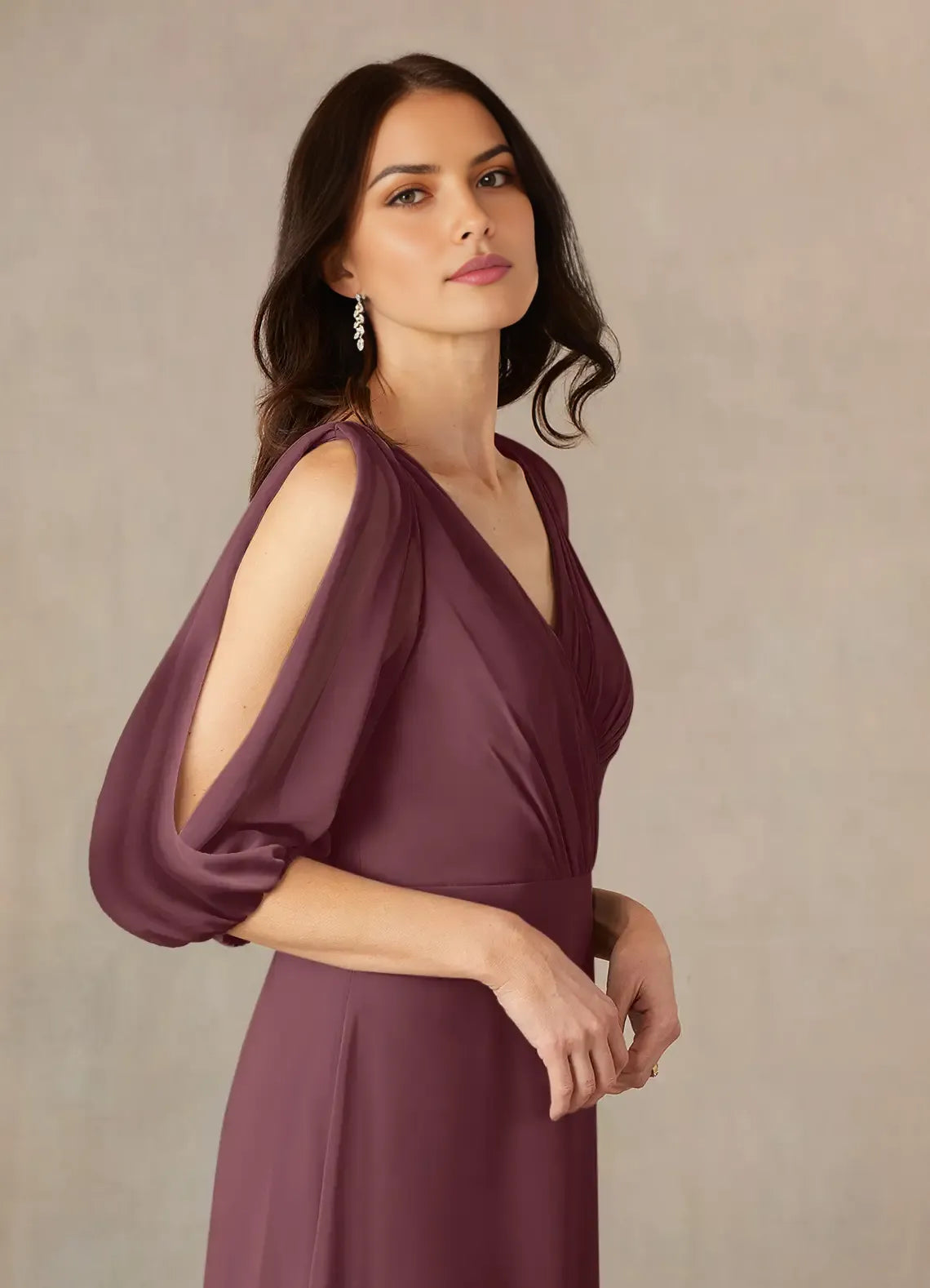 Minimalist A-Line V-Neck ruched Puff Sleeve V back Back Zip Floor-Length Mother of the Bride Dress for sale