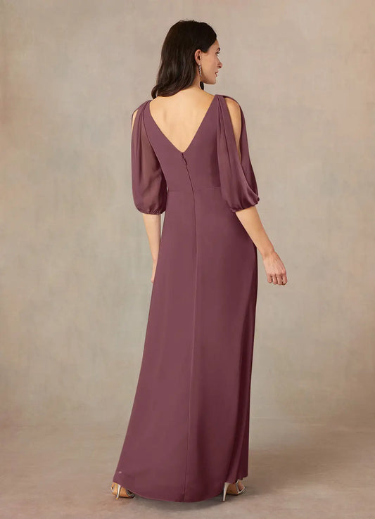 Minimalist A-Line V-Neck ruched Puff Sleeve V back Back Zip Floor-Length Mother of the Bride Dress for sale