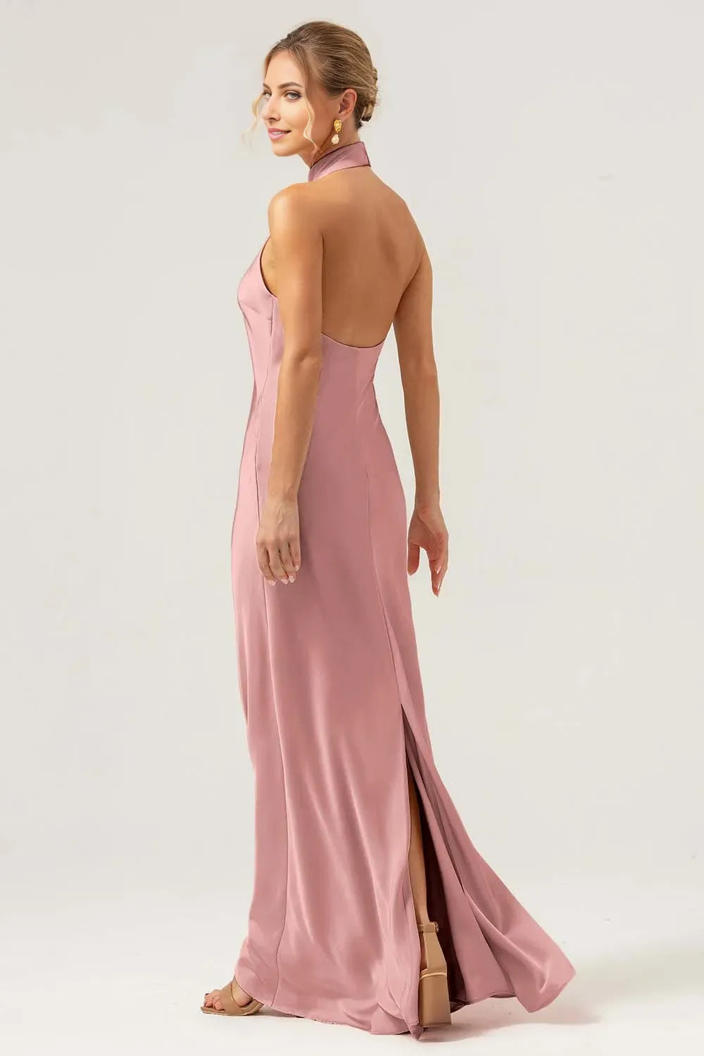 Minimalist Champagne Sheath Halter Neck Sleeveless Open-Back Floor-Length Prom Dresses With Slit