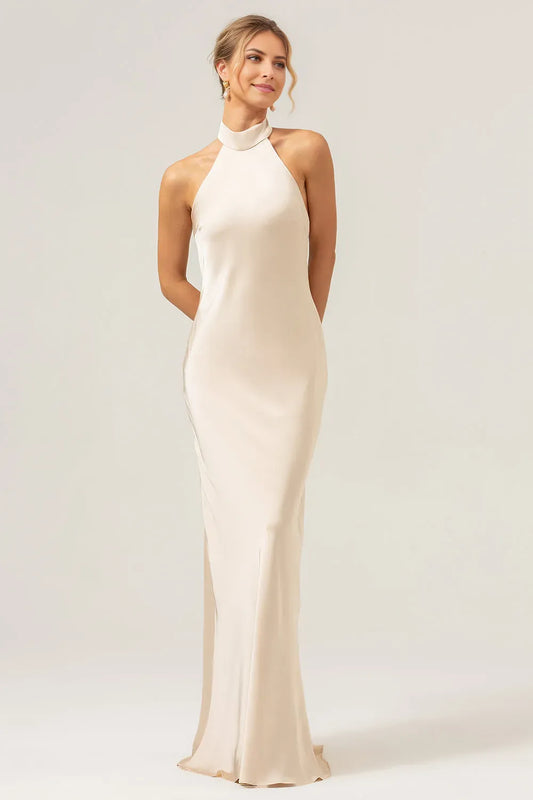 Minimalist Champagne Sheath Halter Neck Sleeveless Open-Back Floor-Length Prom Dresses With Slit