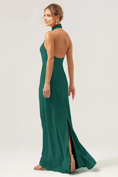 Minimalist Champagne Sheath Halter Neck Sleeveless Open-Back Floor-Length Prom Dresses With Slit