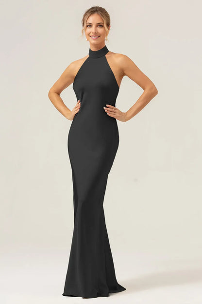 Minimalist Champagne Sheath Halter Neck Sleeveless Open-Back Floor-Length Prom Dresses With Slit