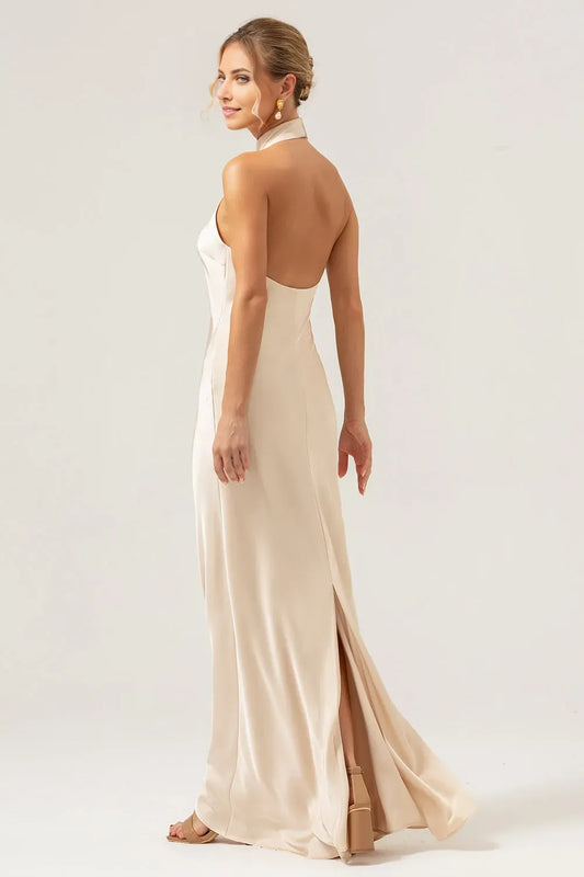 Minimalist Champagne Sheath Halter Neck Sleeveless Open-Back Floor-Length Prom Dresses With Slit
