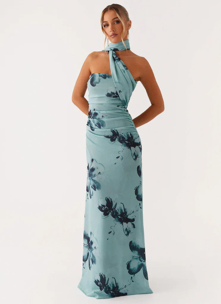 Mint Blue One Shoulder Halter Neck Floral Maxi Prom Dress For Elegant Formal Evening Events
