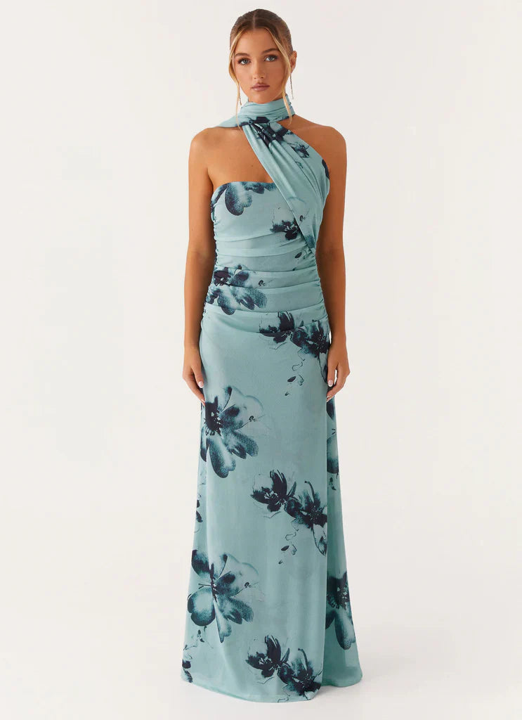 Mint Blue One Shoulder Halter Neck Floral Maxi Prom Dress For Elegant Formal Evening Events