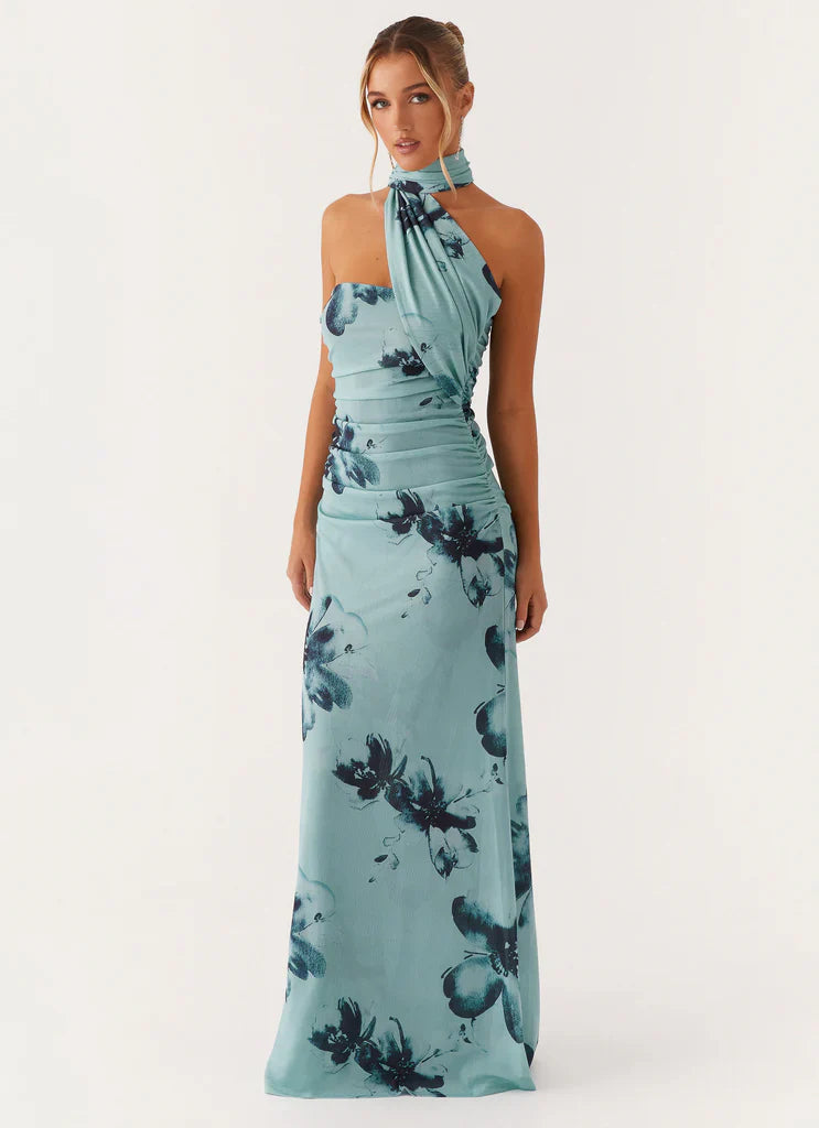 Mint Blue One Shoulder Halter Neck Floral Maxi Prom Dress For Elegant Formal Evening Events