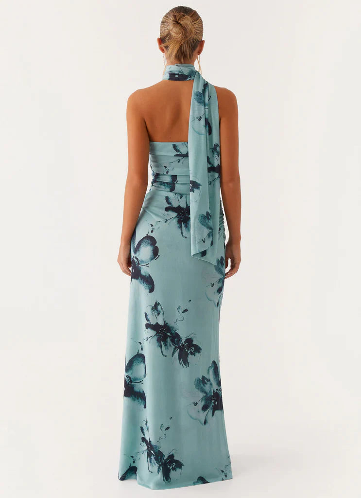 Mint Blue One Shoulder Halter Neck Floral Maxi Prom Dress For Elegant Formal Evening Events
