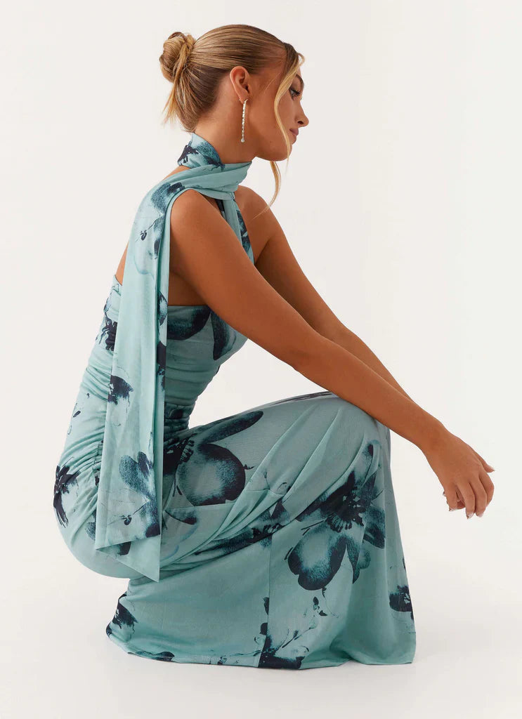 Mint Blue One Shoulder Halter Neck Floral Maxi Prom Dress For Elegant Formal Evening Events