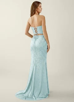 Mint Blue Strapless Beaded Two-Piece High Slit Maxi Evening Dresses
