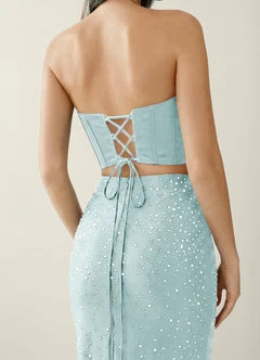 Mint Blue Strapless Beaded Two-Piece High Slit Maxi Evening Dresses