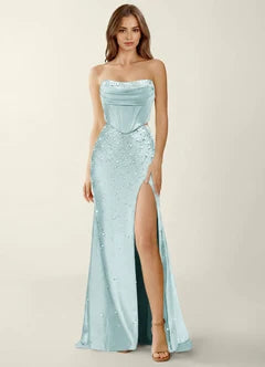 Mint Blue Strapless Beaded Two-Piece High Slit Maxi Evening Dresses