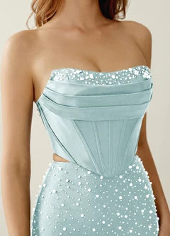 Mint Blue Strapless Beaded Two-Piece High Slit Maxi Evening Dresses