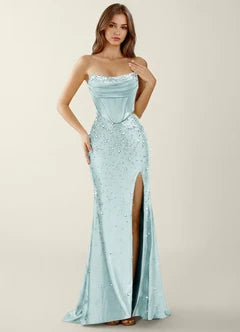 Mint Blue Strapless Beaded Two-Piece High Slit Maxi Evening Dresses