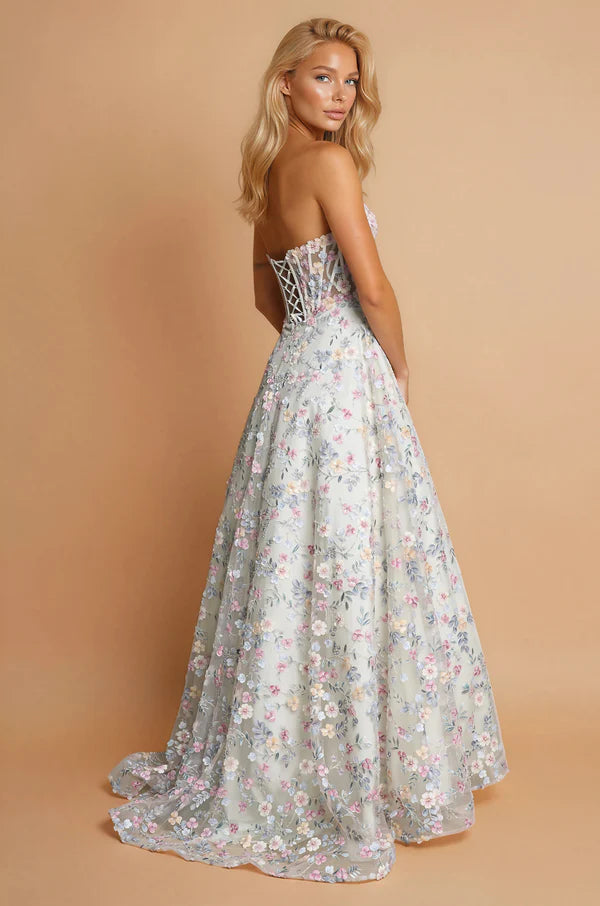 Mint Floral 3D Applique Strapless Corset Lace-Up Back Slit Maxi Evening Dresses