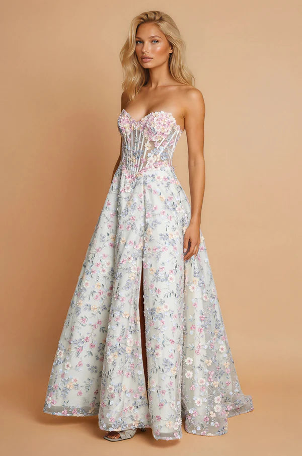 Mint Floral 3D Applique Strapless Corset Lace-Up Back Slit Maxi Evening Dresses