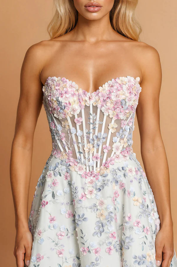 Mint Floral 3D Applique Strapless Corset Lace-Up Back Slit Maxi Evening Dresses