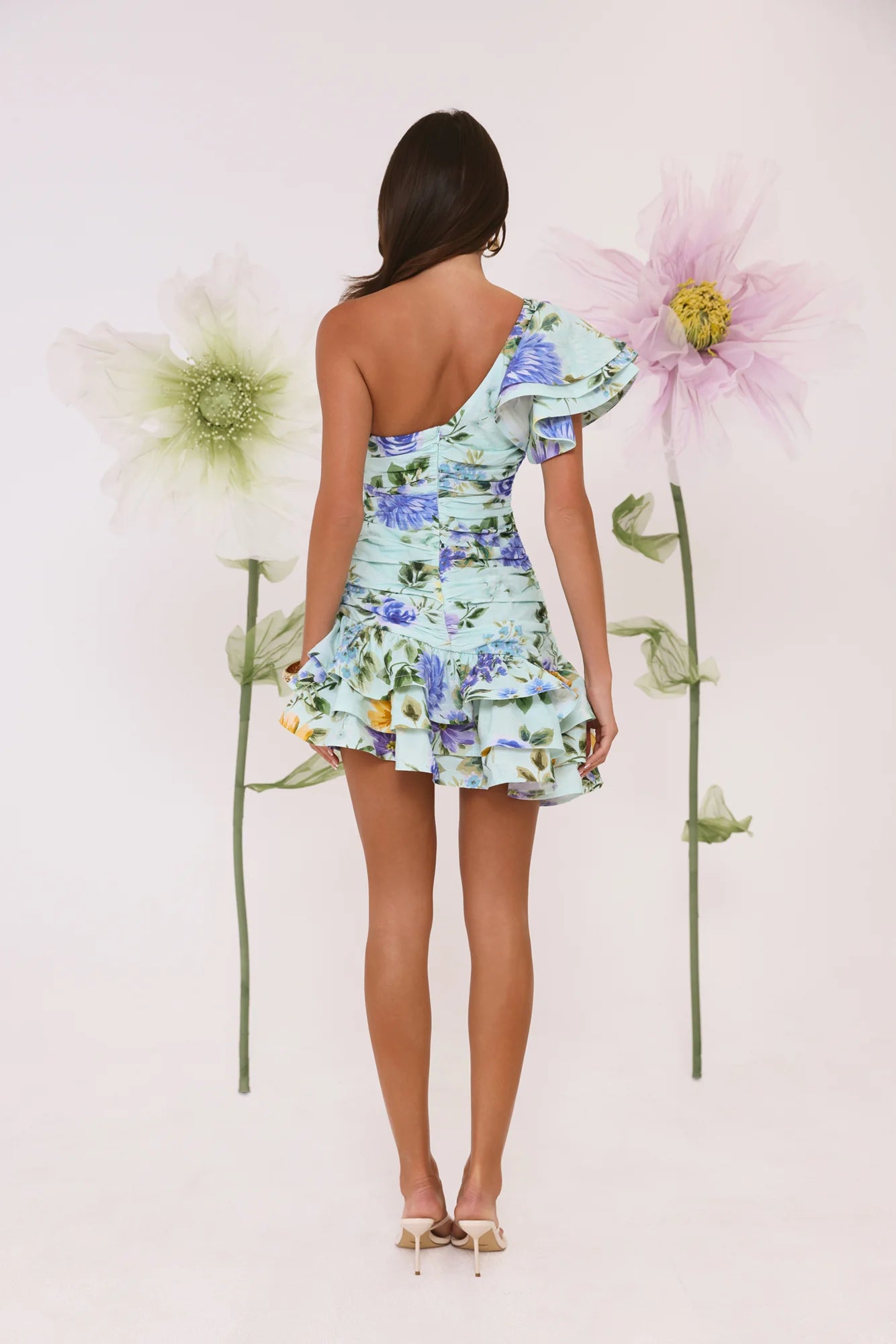 Mint Floral One Shoulder Ruffle Ruched Mini Evening Dresses