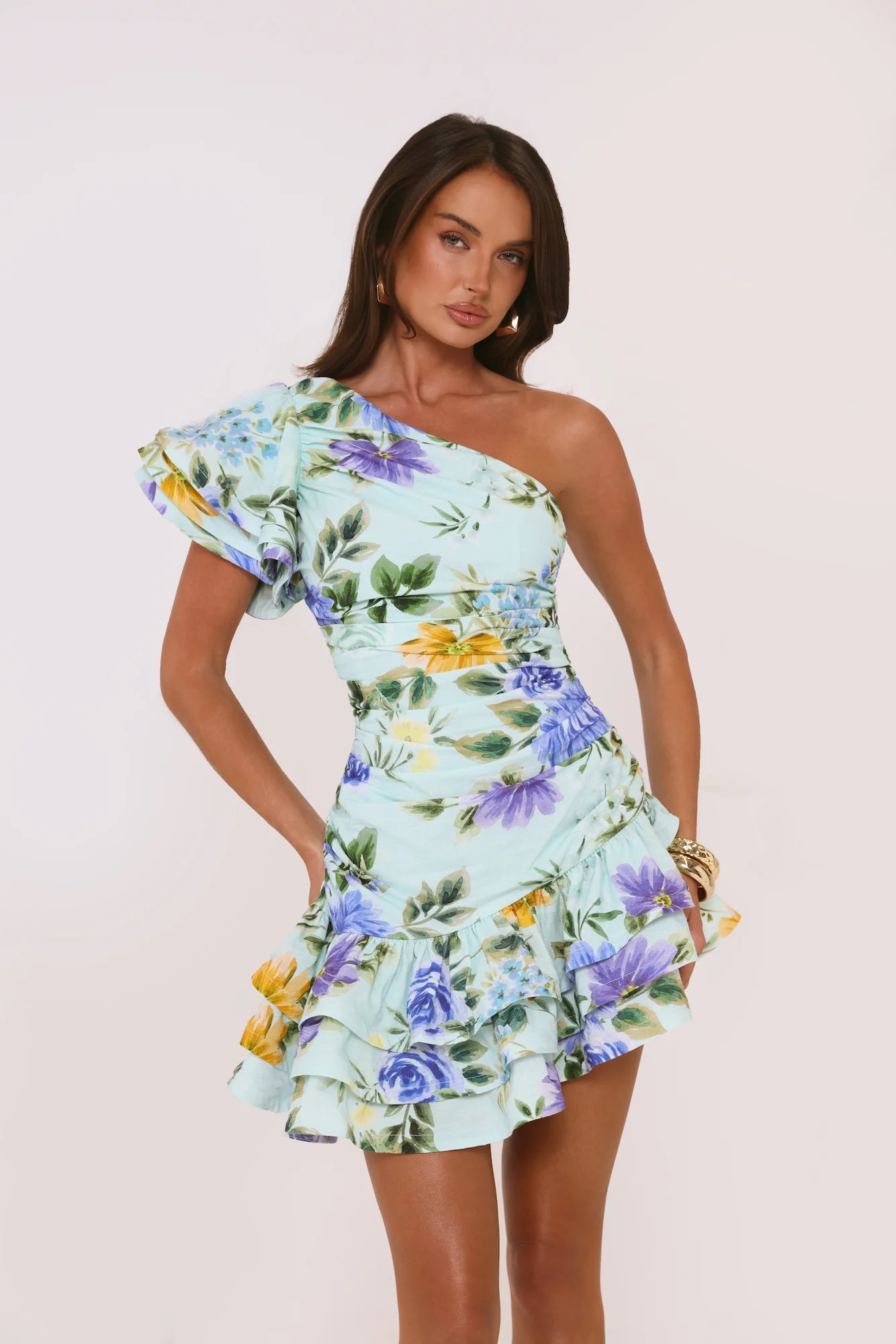Mint Floral One Shoulder Ruffle Ruched Mini Evening Dresses