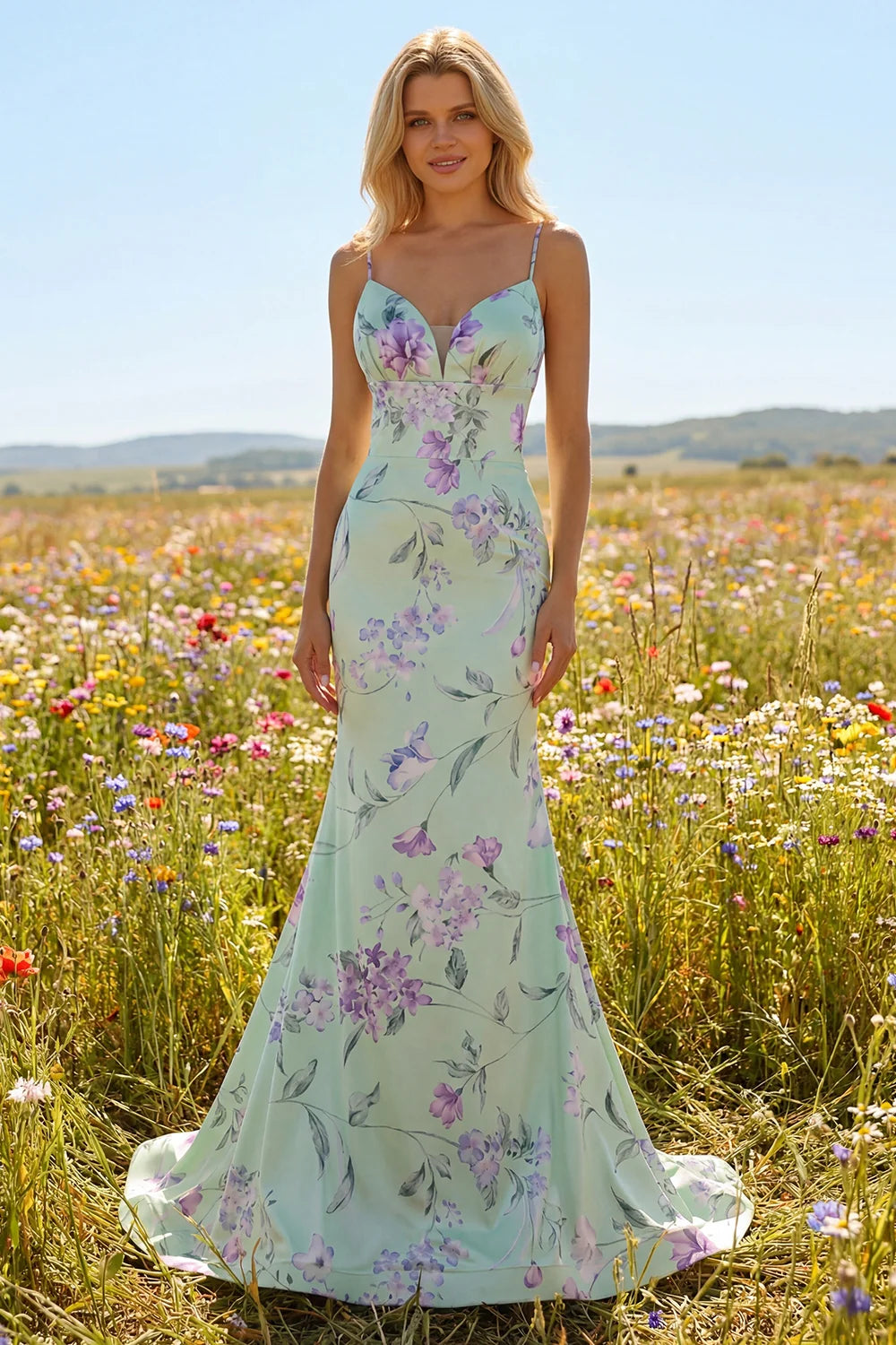 Mint Floral Print Ruffle Mermaid Evening Dresses