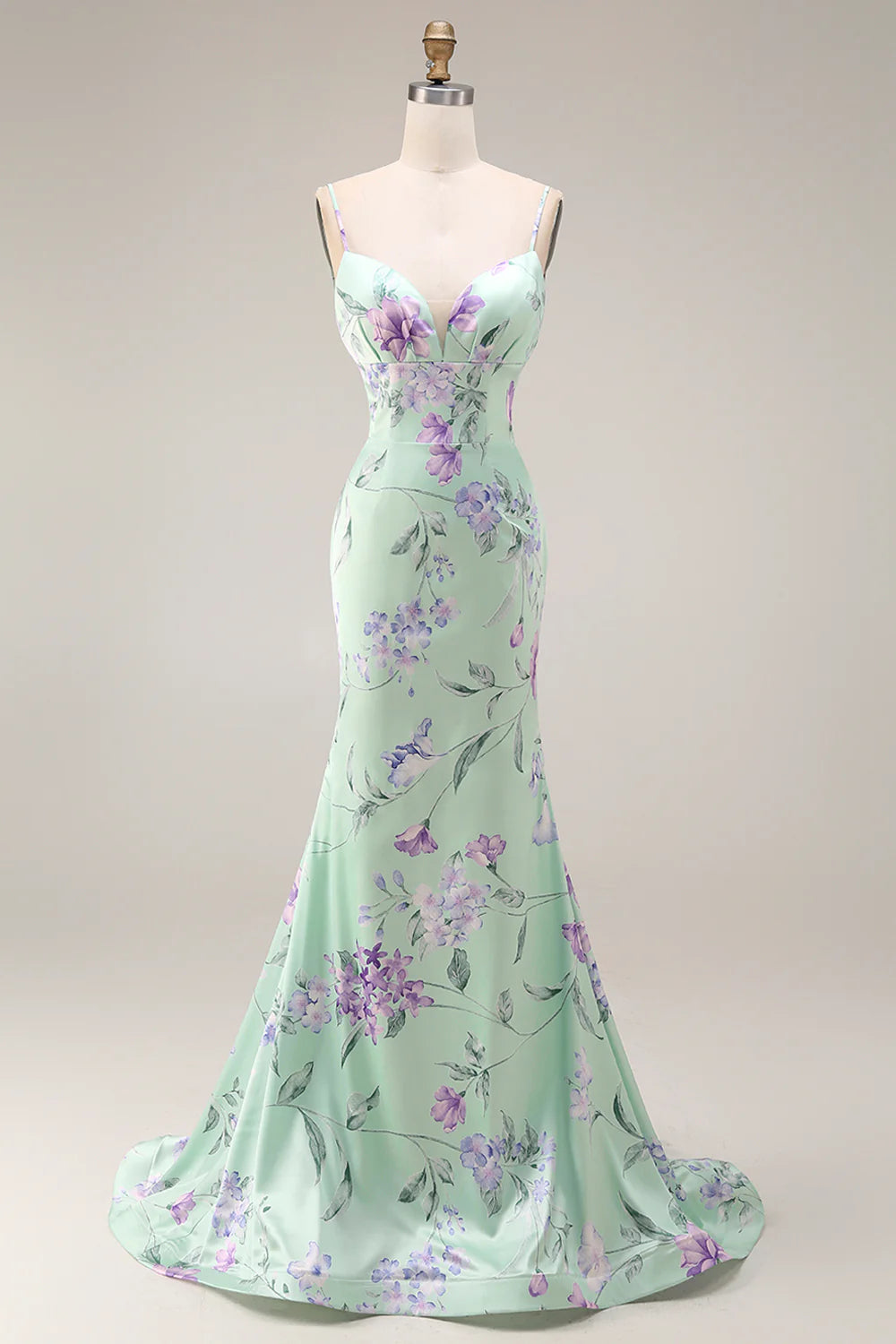 Mint Floral Print Ruffle Mermaid Evening Dresses