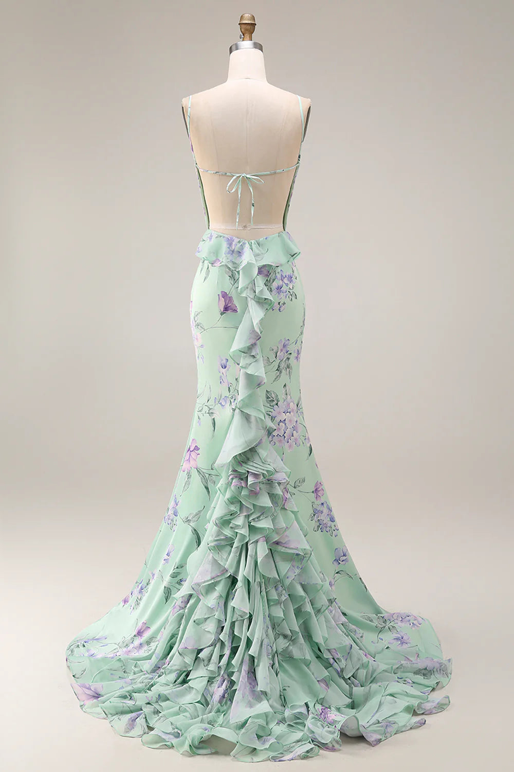 Mint Floral Print Ruffle Mermaid Evening Dresses
