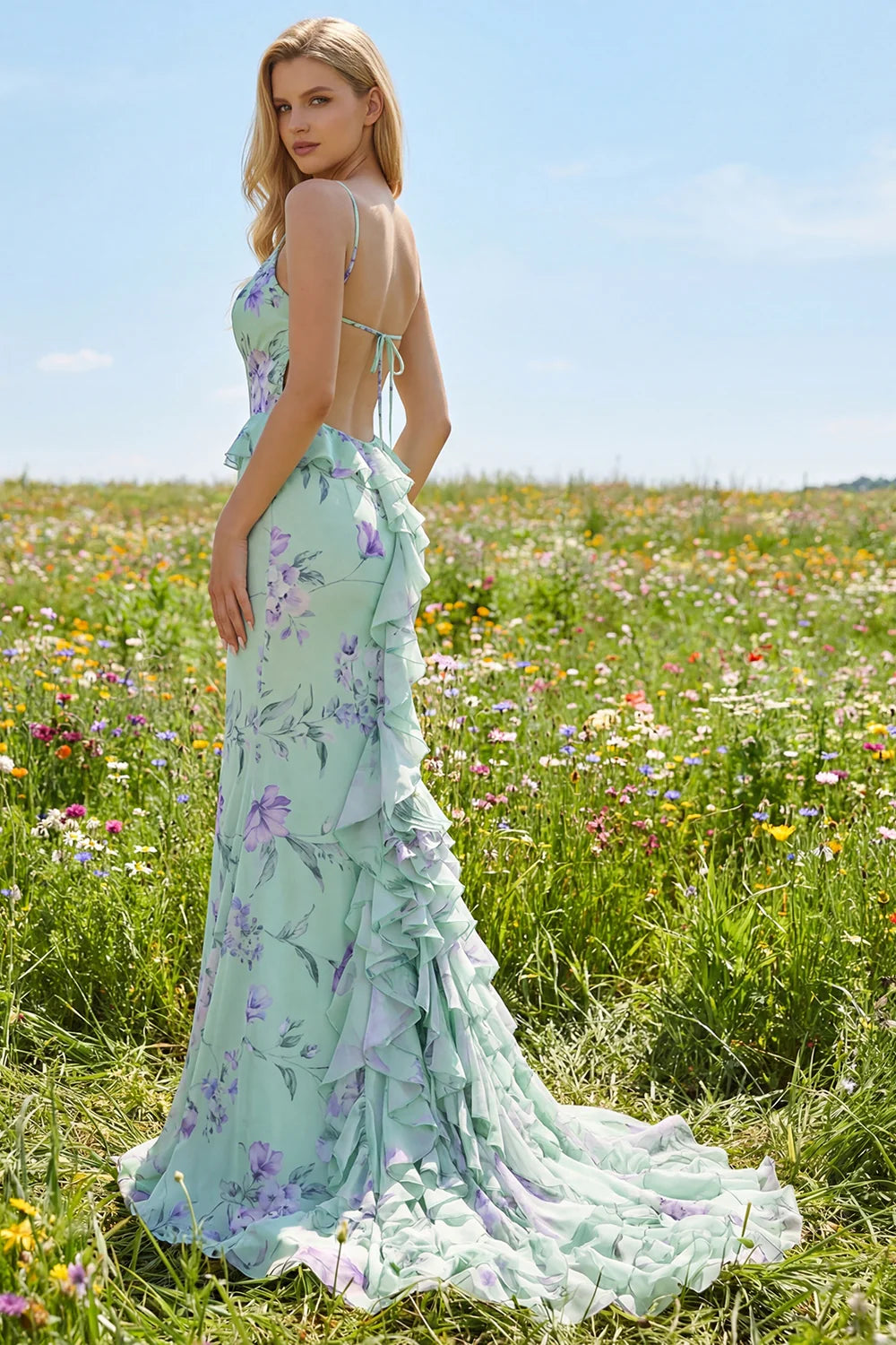 Mint Floral Print Ruffle Mermaid Evening Dresses