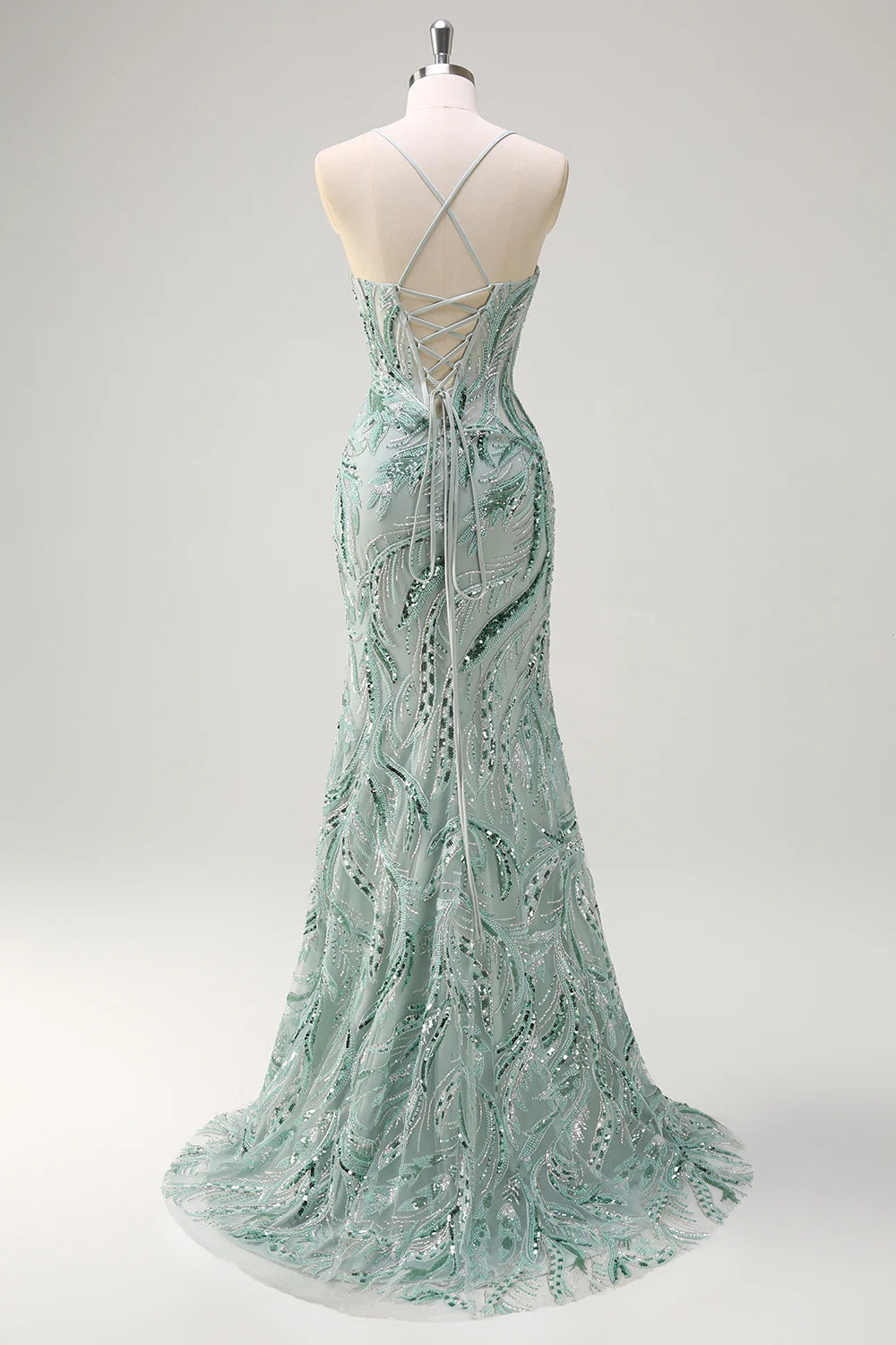 Mint Green Beaded Feather Lace-Up Mermaid Evening Dresses