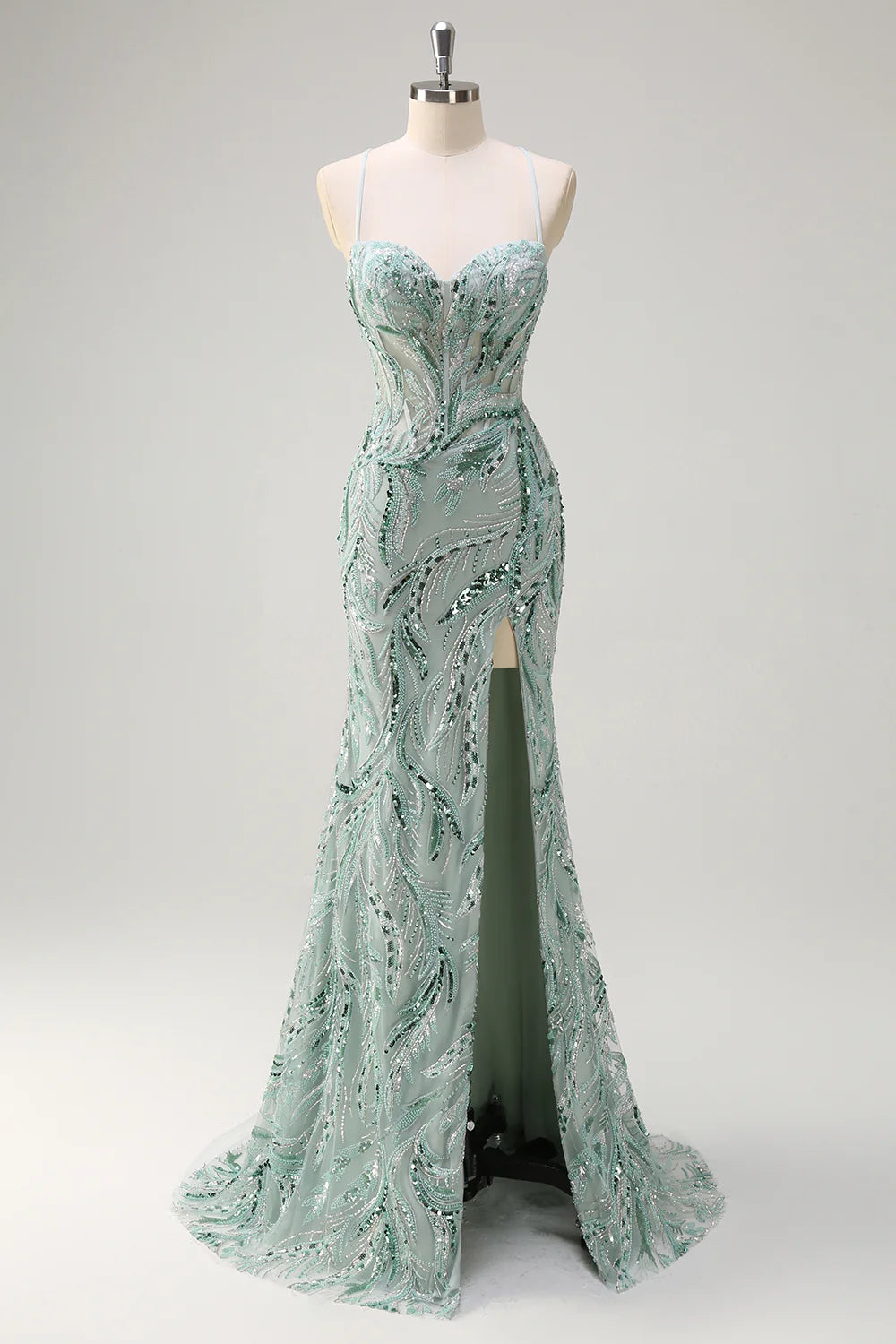 Mint Green Beaded Feather Lace-Up Mermaid Evening Dresses