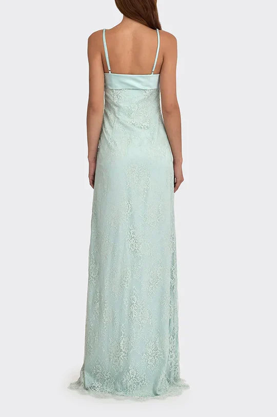 Mint Green Lace Satin Bustier Spaghetti Strap Maxi Dress For Prom
