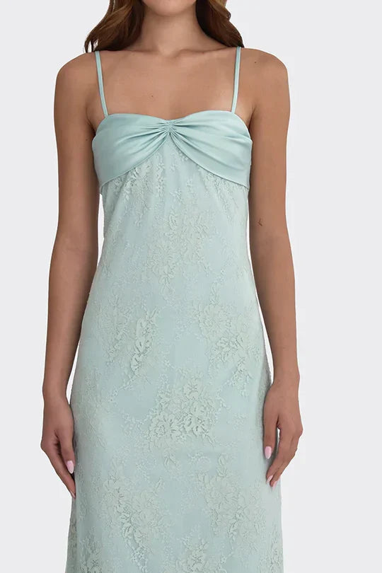 Mint Green Lace Satin Bustier Spaghetti Strap Maxi Dress For Prom