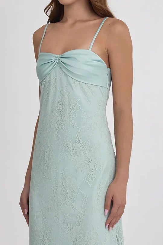 Mint Green Lace Satin Bustier Spaghetti Strap Maxi Dress For Prom