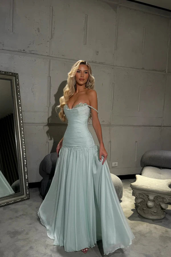 Mint Green Off Shoulder Beaded Ruched Maxi Evening Dresses