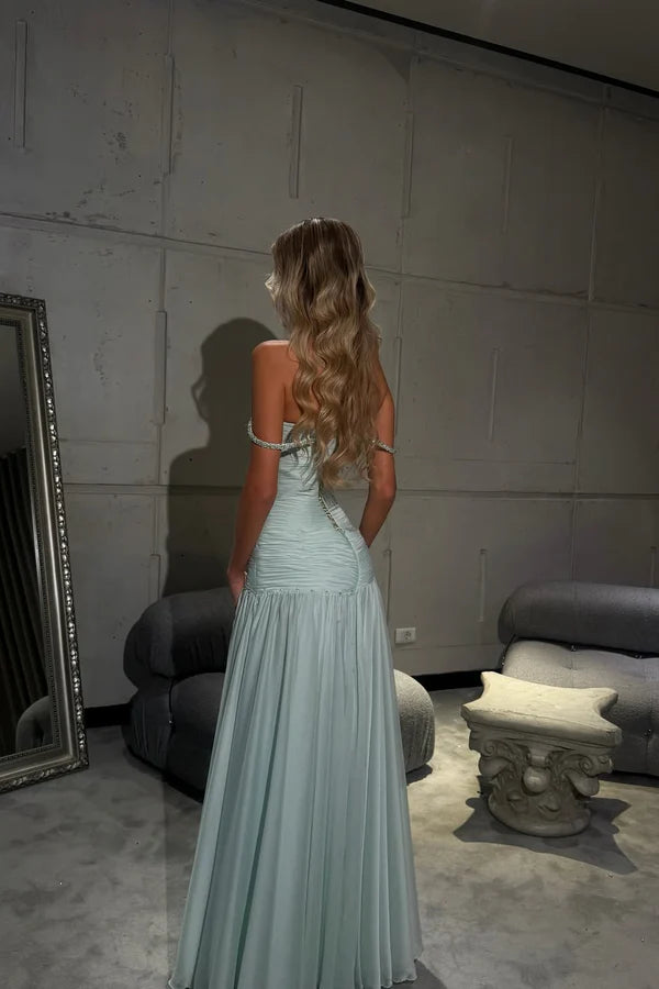 Mint Green Off Shoulder Beaded Ruched Maxi Evening Dresses