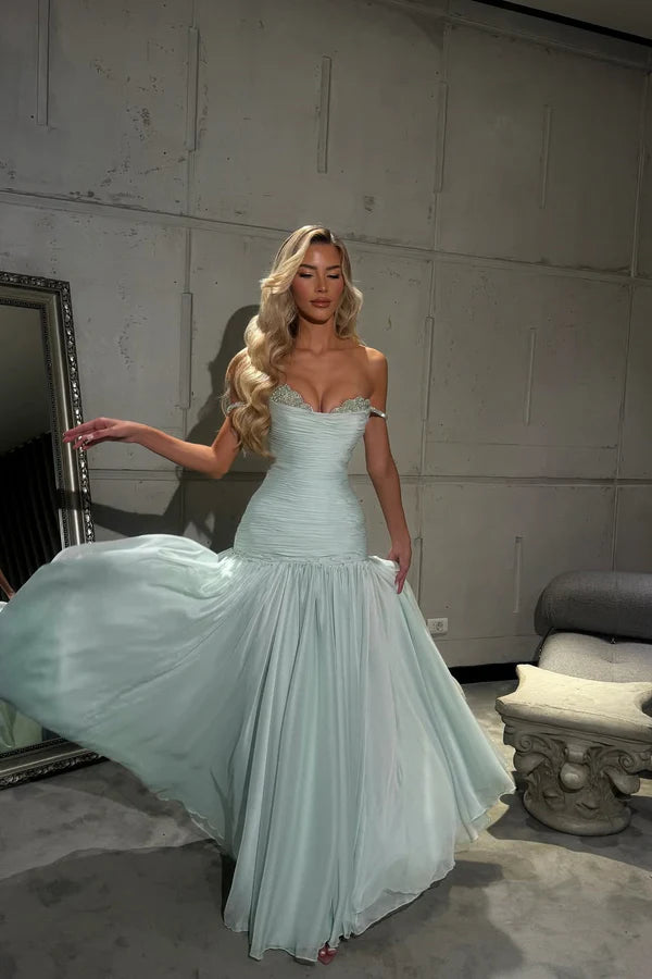 Mint Green Off Shoulder Beaded Ruched Maxi Evening Dresses