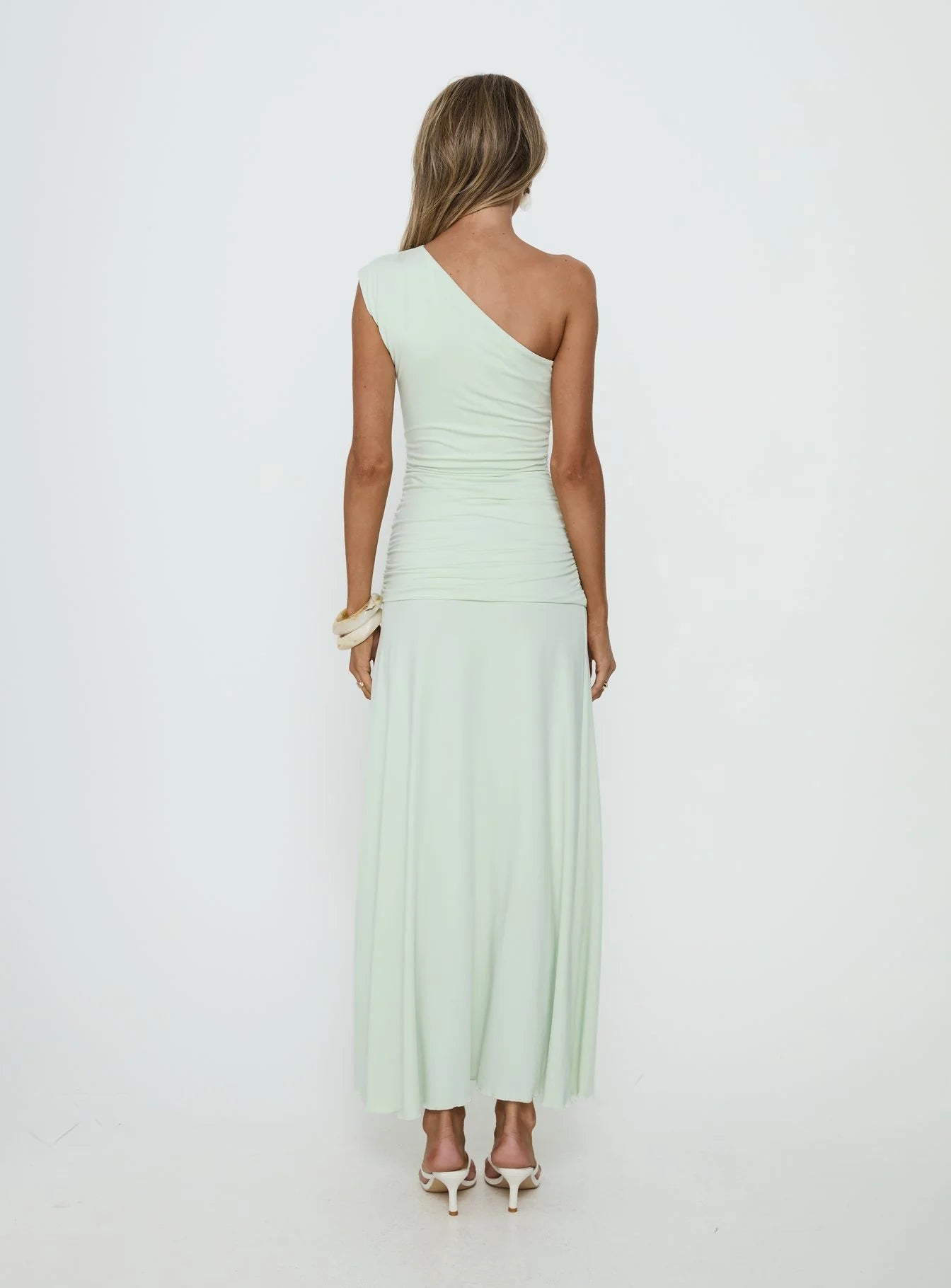 Mint Green One-Shoulder Ruched Maxi Homecoming Dresses