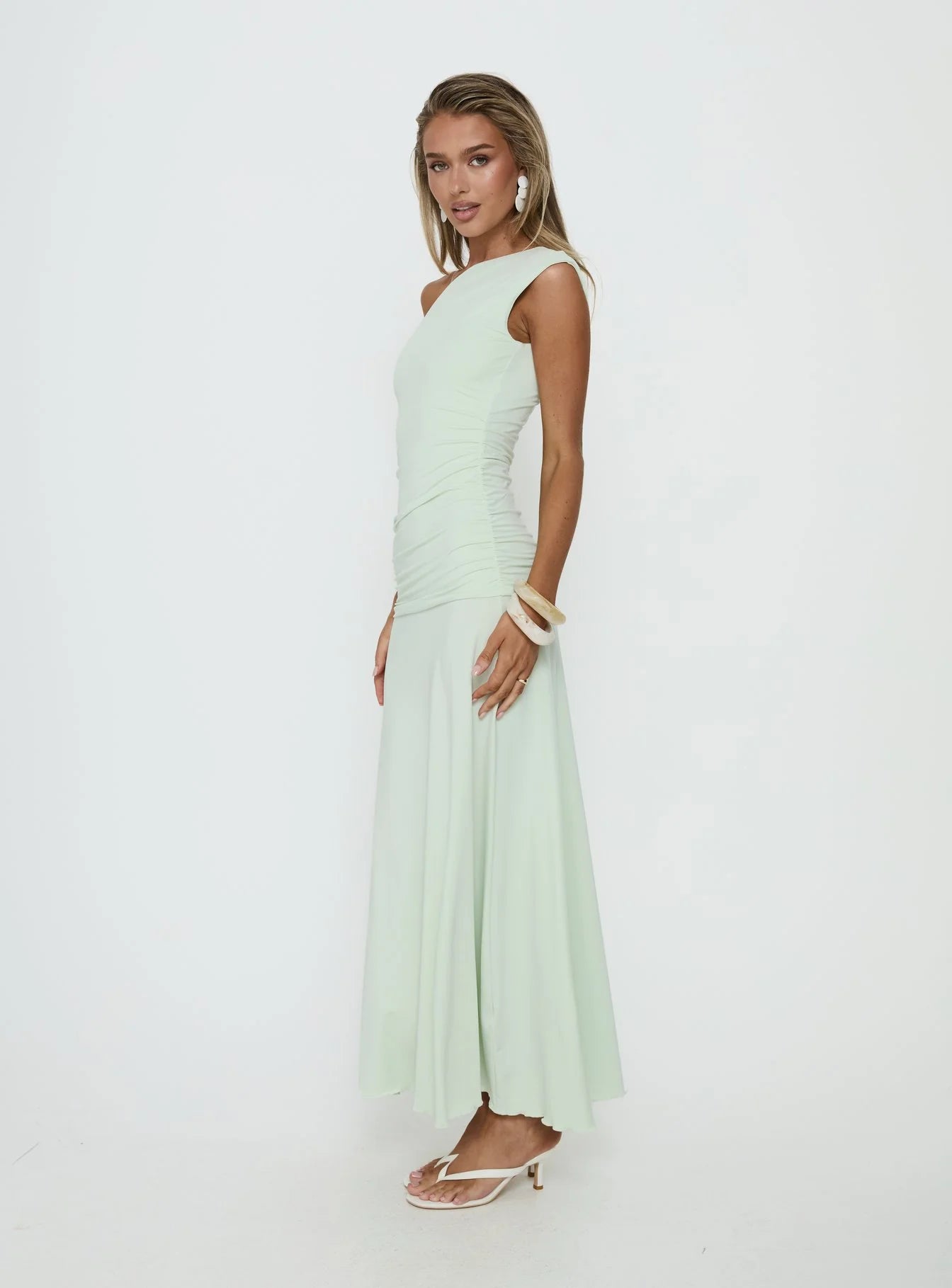 Mint Green One-Shoulder Ruched Maxi Homecoming Dresses