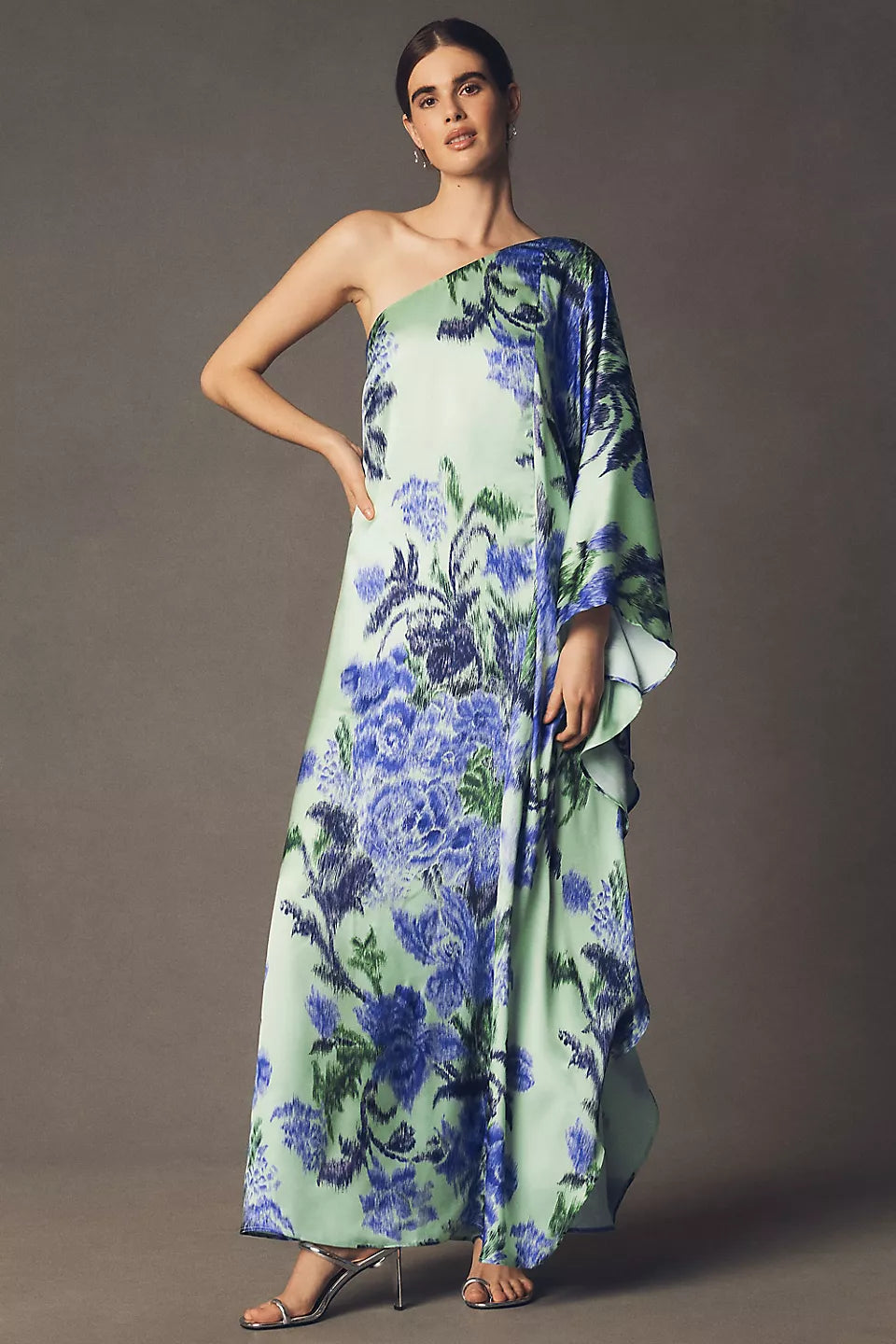 Mint Green One Shoulder Floral Print Satin Cape Sleeve Maxi Evening Dresses