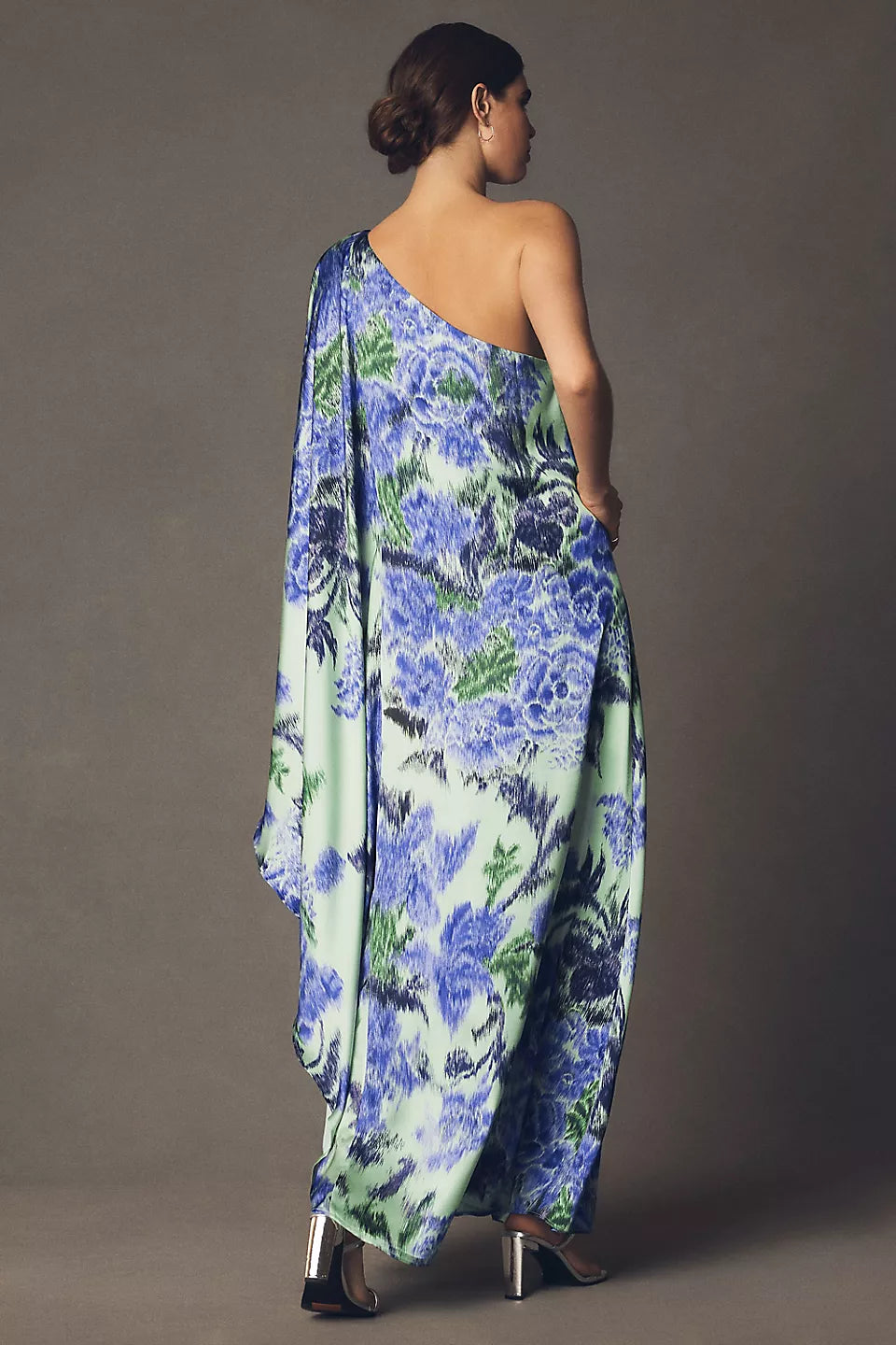 Mint Green One Shoulder Floral Print Satin Cape Sleeve Maxi Evening Dresses